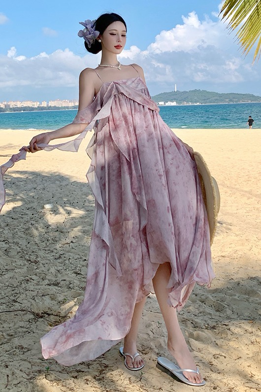 印花雪紡吊帶連衣裙女夏季法式復古A字長裙度假飄帶裙子