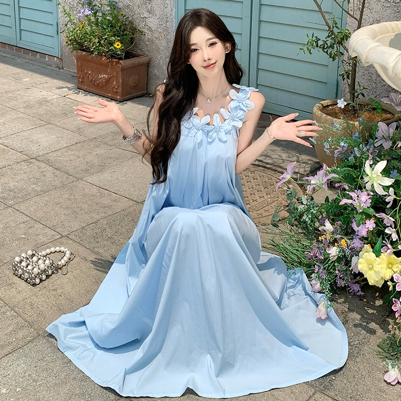 重工立體花朵白色連衣裙女夏無袖吊帶裙