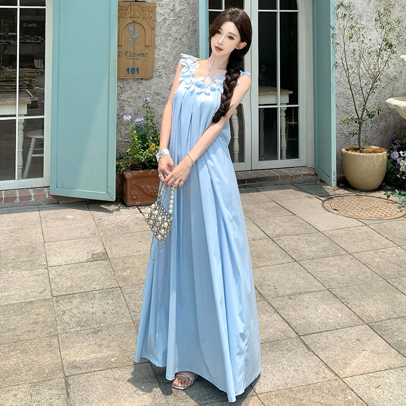 重工立體花朵白色連衣裙女夏無袖吊帶裙