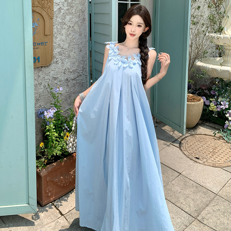重工立體花朵白色連衣裙女夏無袖吊帶裙