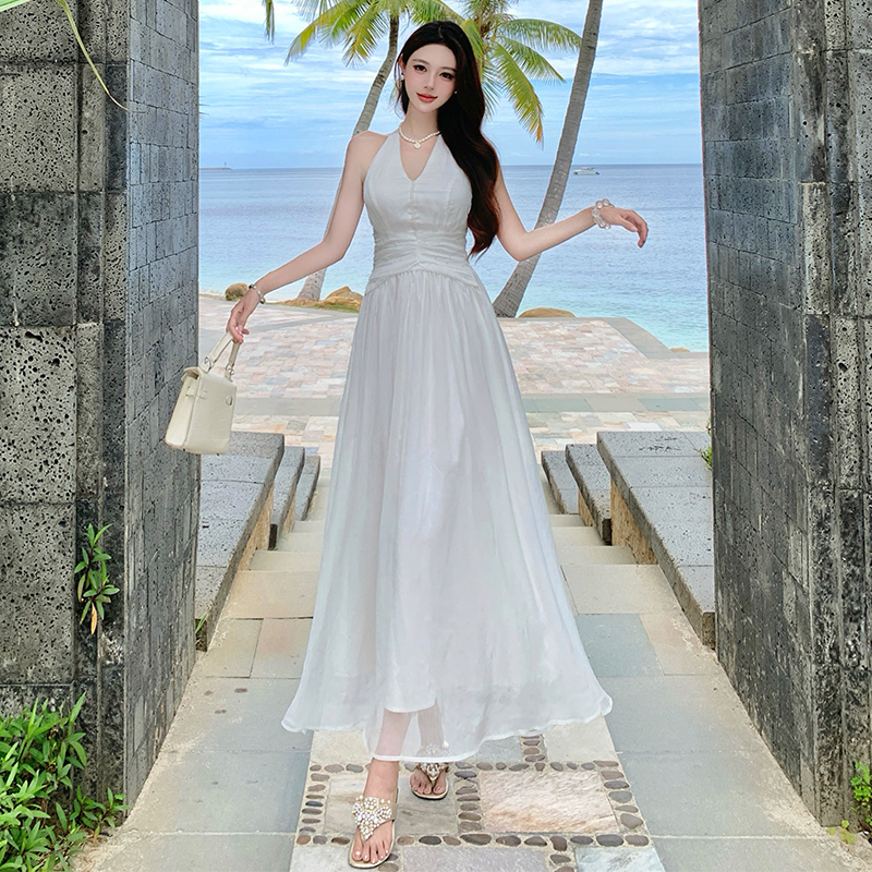 夏季白月光真絲掛脖連衣裙白色氣質女神長裙