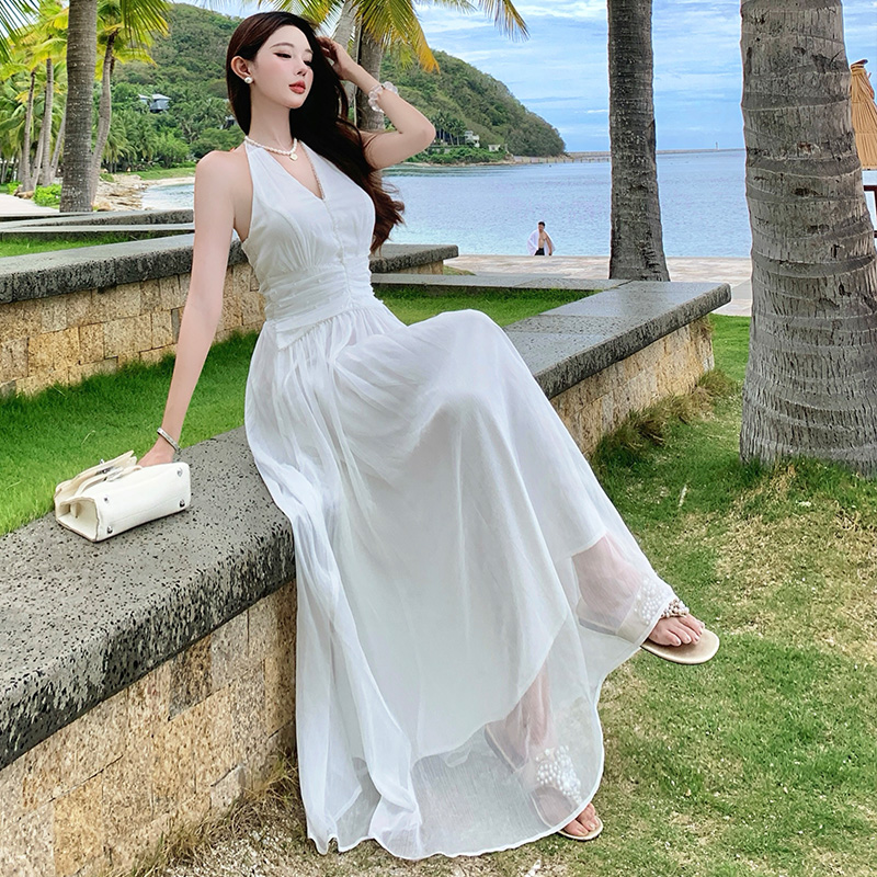 夏季白月光真絲掛脖連衣裙白色氣質女神長裙