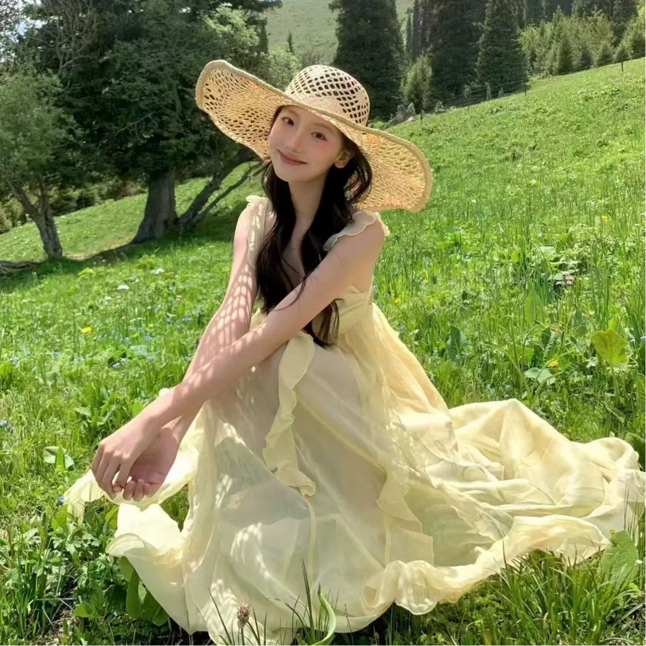 度假風浪漫小飛袖荷葉邊連衣裙女夏設計感甜美長裙
