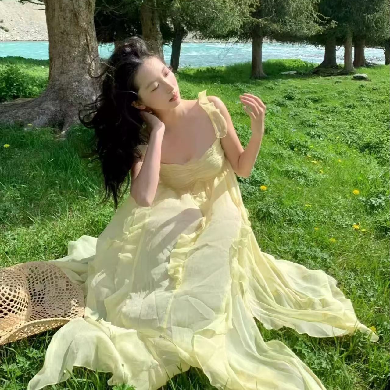 度假風浪漫小飛袖荷葉邊連衣裙女夏設計感甜美長裙
