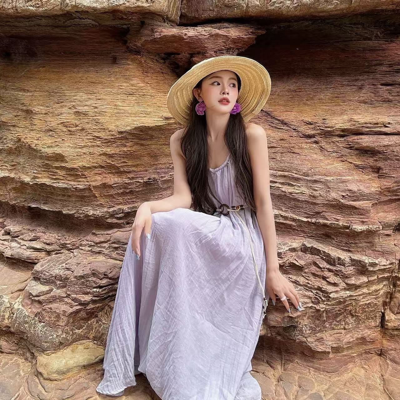 馬爾代夫海邊度假風紫色吊帶連衣裙女夏季性感露背寬松顯瘦長裙子