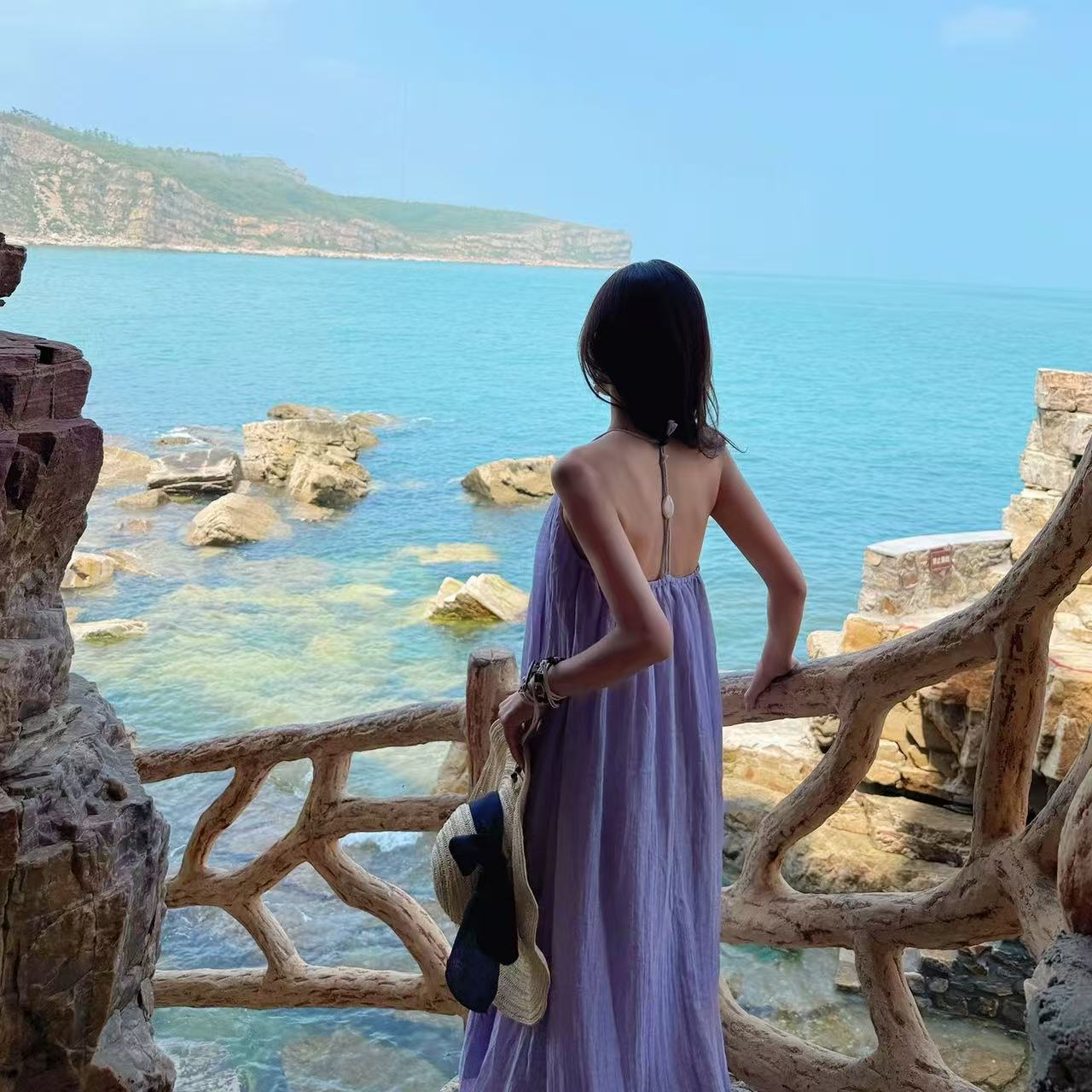 馬爾代夫海邊度假風紫色吊帶連衣裙女夏季性感露背寬松顯瘦長裙子