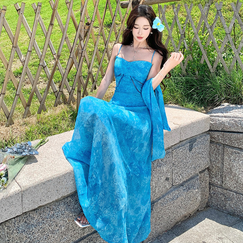 夏日絕美度假風法式設計感扎染藍色吊帶連衣裙女2025夏季新款長裙