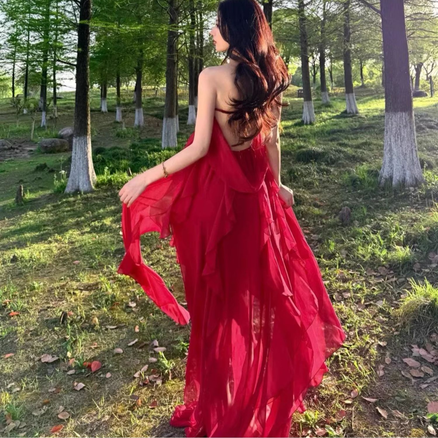三亞絕美海邊度假沙灘長裙女夏季紅色不規則荷葉邊抹胸掛脖連衣裙