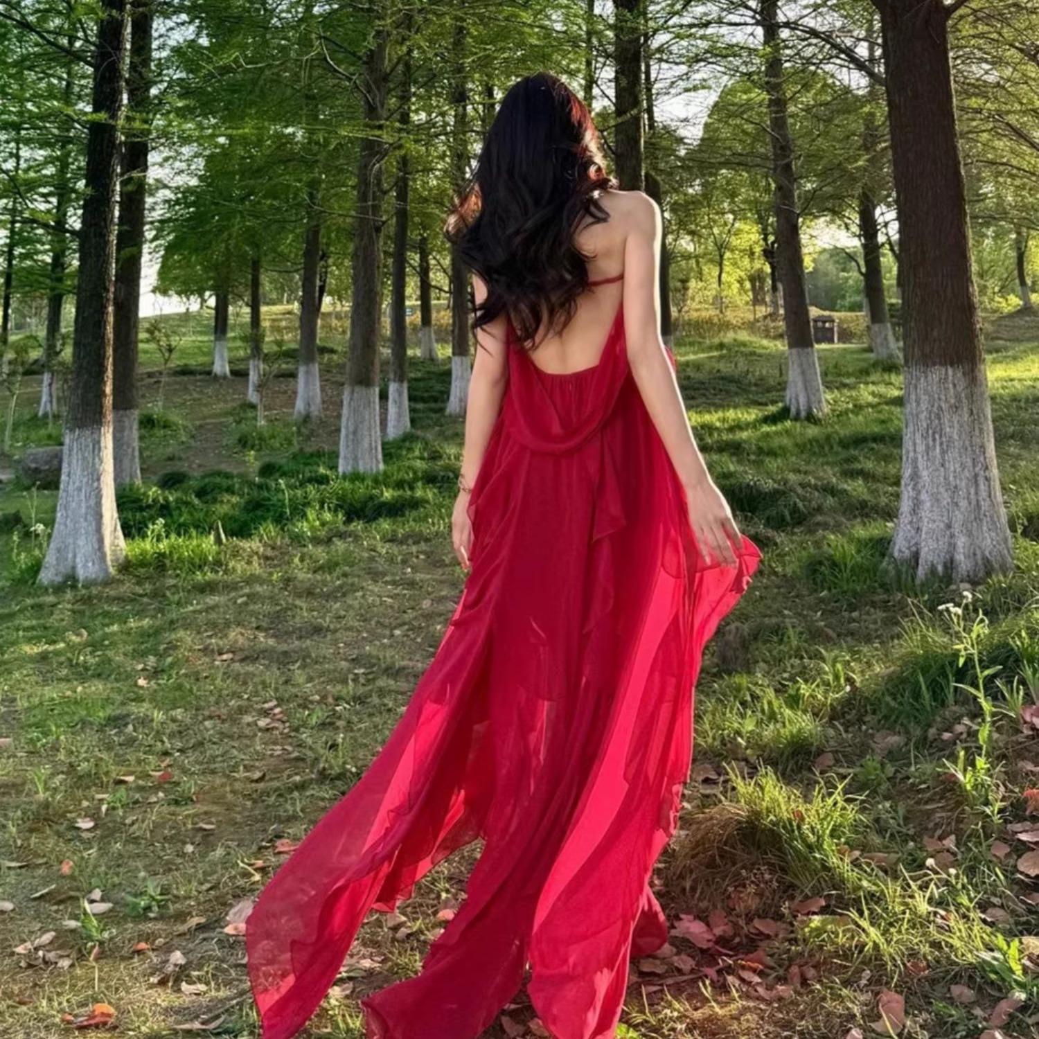 三亞絕美海邊度假沙灘長裙女夏季紅色不規則荷葉邊抹胸掛脖連衣裙