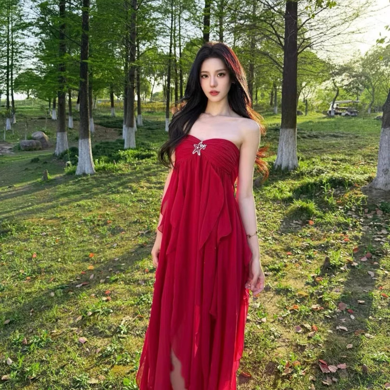 三亞絕美海邊度假沙灘長裙女夏季紅色不規則荷葉邊抹胸掛脖連衣裙