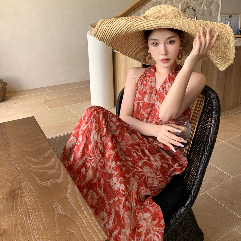 中古秘境小個子度假風苧麻紅色連衣裙女夏季V領挖肩袖A字長裙