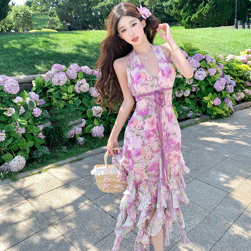 一簾幽夢vintage古早美人掛脖連衣裙度假風浪漫紫色掛脖長裙