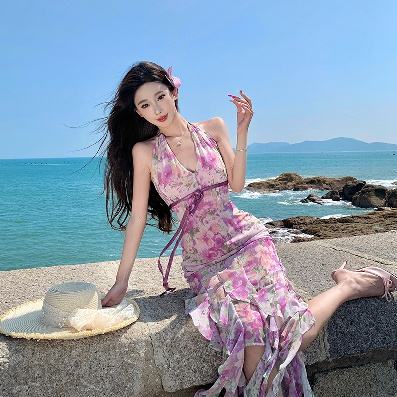 一簾幽夢vintage古早美人掛脖連衣裙度假風浪漫紫色掛脖長裙