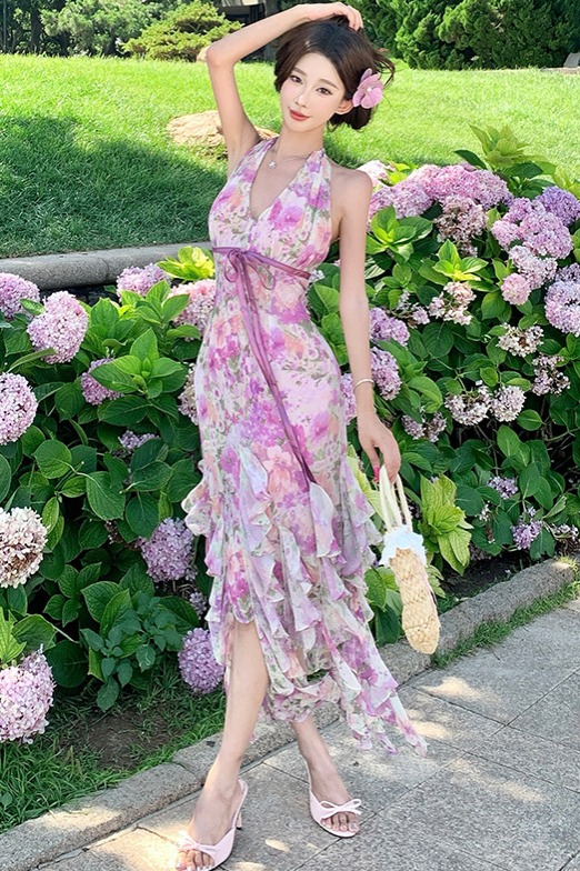 一簾幽夢vintage古早美人掛脖連衣裙度假風浪漫紫色掛脖長裙