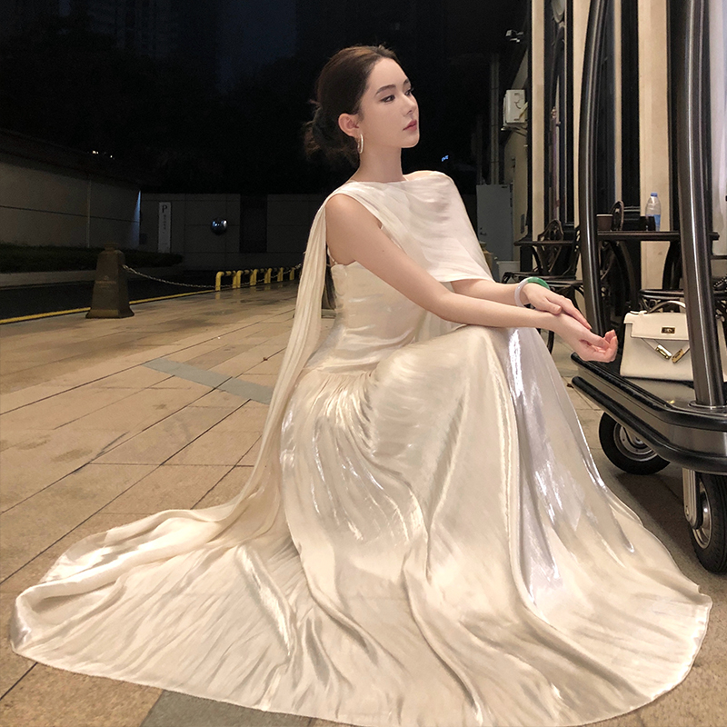 法式掛脖連衣裙日常可穿訂婚晚生日小輕禮服裙氣質絕美長裙