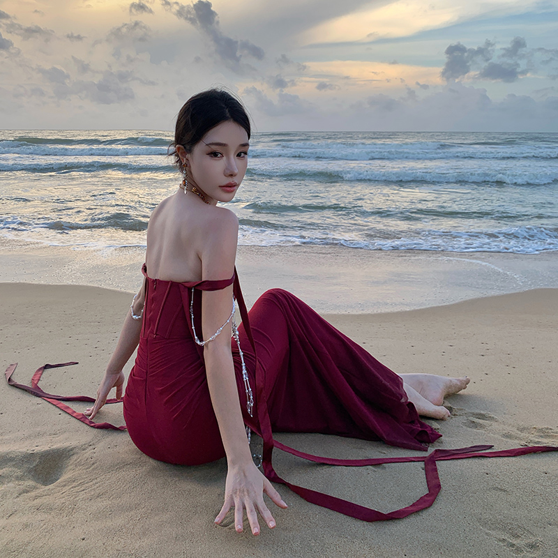法式抹胸魚骨束腰小眾設計感顯瘦約會連衣裙海島度假旅拍高級禮服