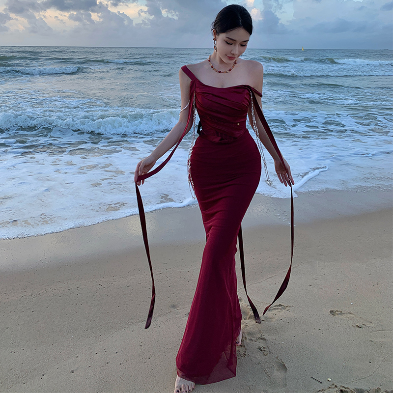法式抹胸魚骨束腰小眾設計感顯瘦約會連衣裙海島度假旅拍高級禮服