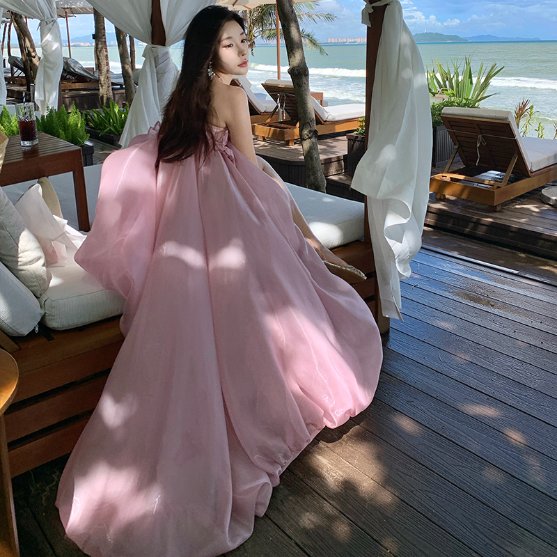 法式浪漫一字肩拖地連衣裙高級氣質收腰顯瘦度假禮服晨袍裙
