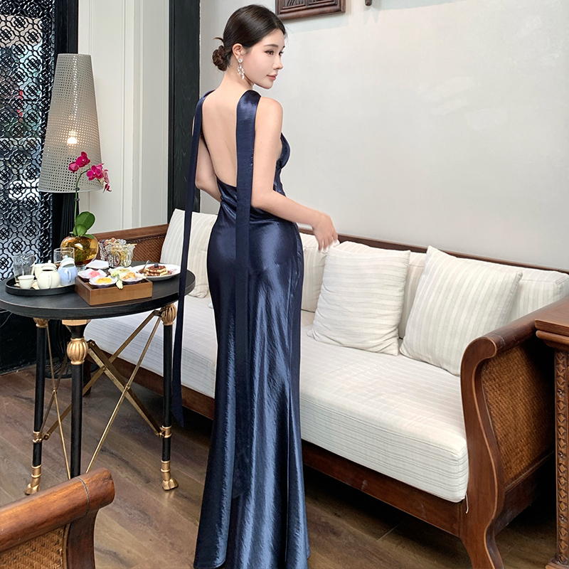 法式氣質party吊帶輕禮服連衣裙女小眾生日晚禮裙掛脖長裙