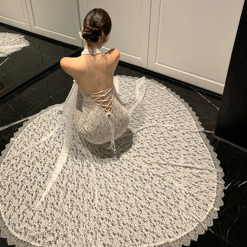 白色蕾絲花邊掛脖露背魚尾長款高雅宴會派對走秀結婚晚禮服連衣裙