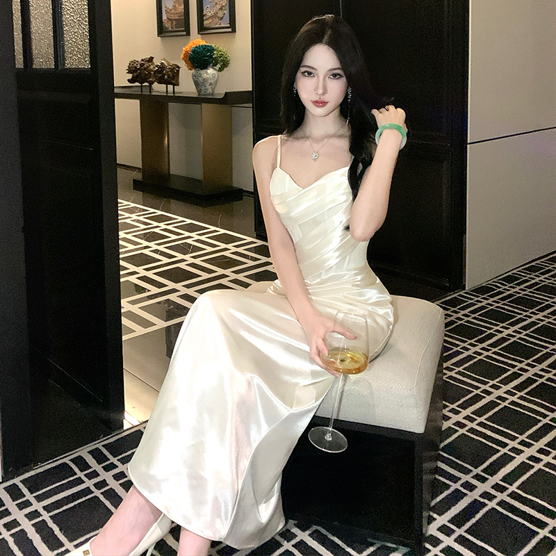 花徑拾夢法式蕾絲緞面吊帶連衣裙亮片高級魚尾長裙子