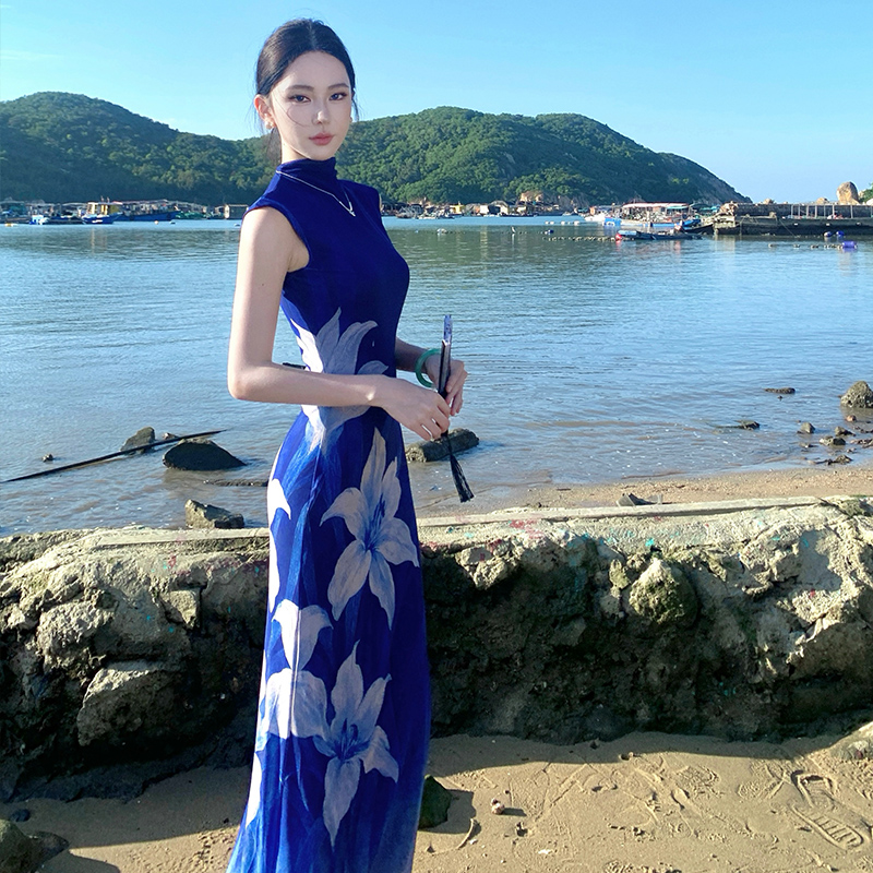 藍田玉暖花卉印花漸變藍色連衣裙新中式收腰顯瘦長裙夏