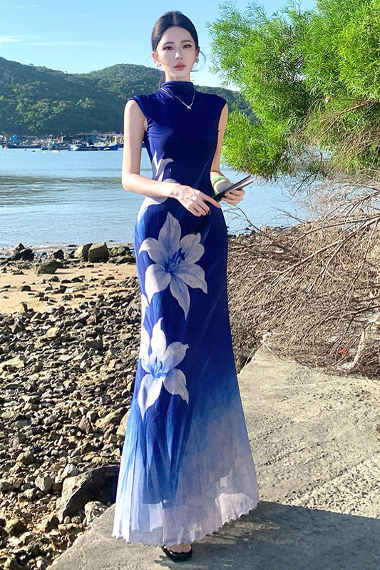藍田玉暖花卉印花漸變藍色連衣裙新中式收腰顯瘦長裙夏
