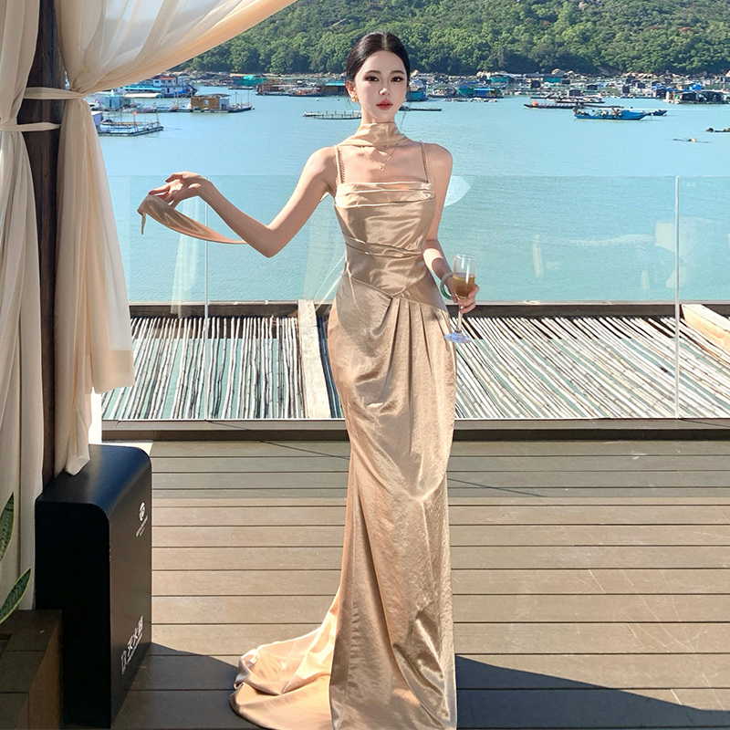 金色訂婚禮服裙女絕美晨袍女新娘敬酒服魚尾主持人生日宴會高級感