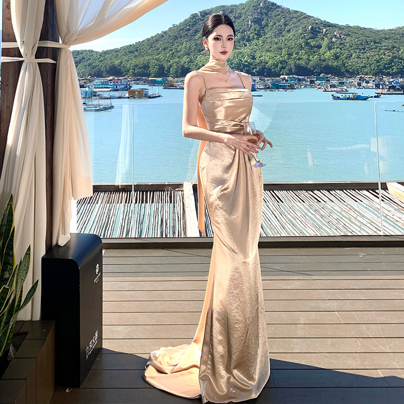 金色訂婚禮服裙女絕美晨袍女新娘敬酒服魚尾主持人生日宴會高級感