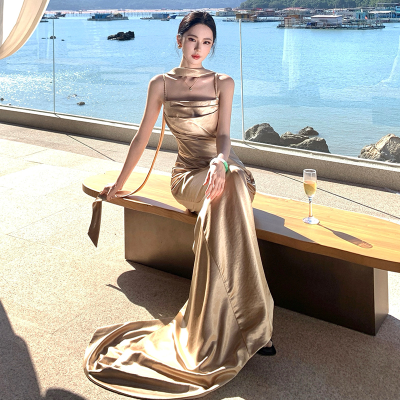 金色訂婚禮服裙女絕美晨袍女新娘敬酒服魚尾主持人生日宴會高級感