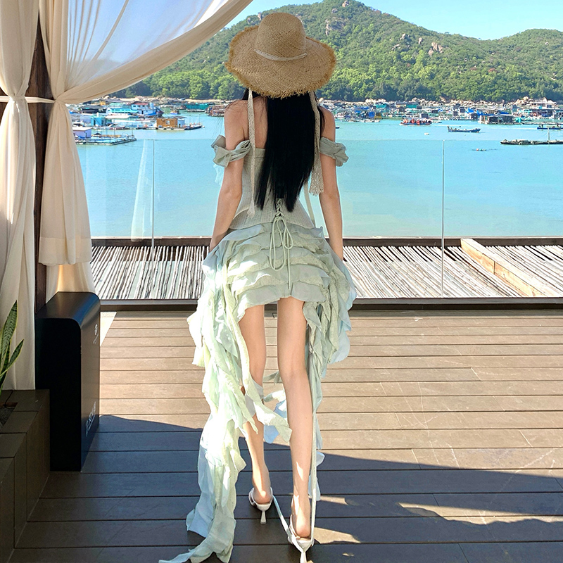 越南小眾設計性感掛脖連衣裙海邊度假不規則流蘇生日宴會高級裙子