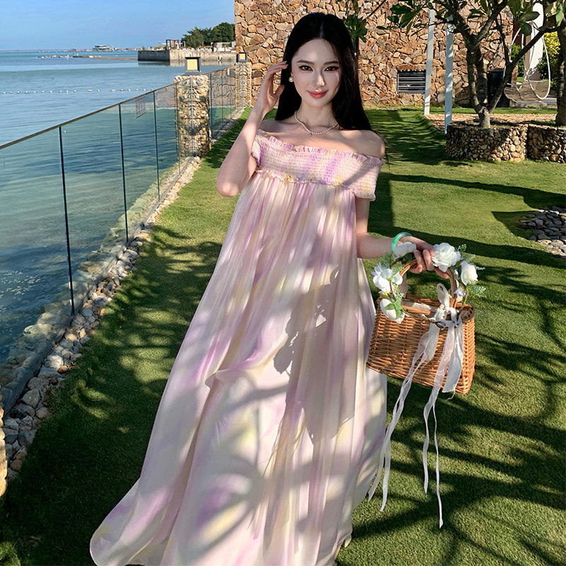漸變色暈染打攬抹胸裙法式浪漫看展生日禮服海島度假風拍照沙灘裙