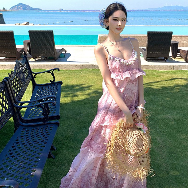 法式千金名媛小香風粉色吊帶連衣裙女夏季新款無袖裙子