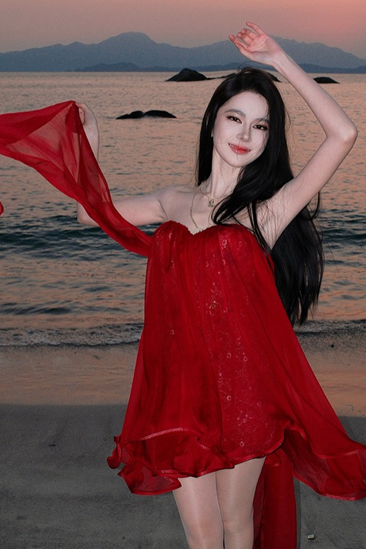 高級感雪紡抹胸飄帶短裙連衣裙女