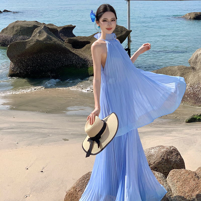 海邊度假風藍色清新潮掛脖長裙法式無袖荷葉邊設計百褶連衣裙