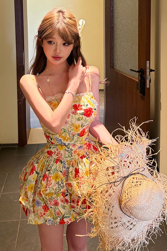 摯愛花神手工縫折痕雙層蕾絲花邊花苞裙連衣裙女