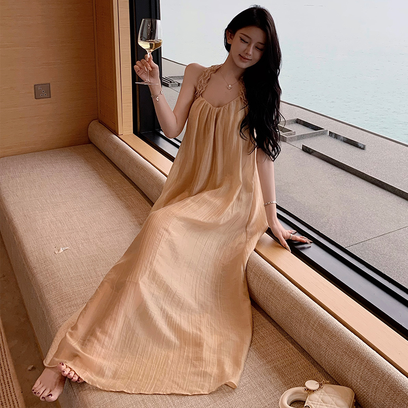 法式希臘風設計感浪漫花邊吊帶裙女露肩度假風連衣裙無袖長裙