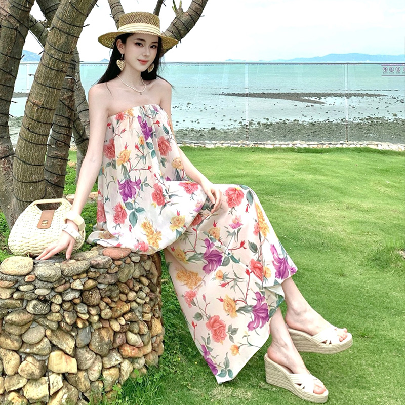 法式高級感氣質花朵印花一字肩印花度假風洋氣假兩件連衣裙