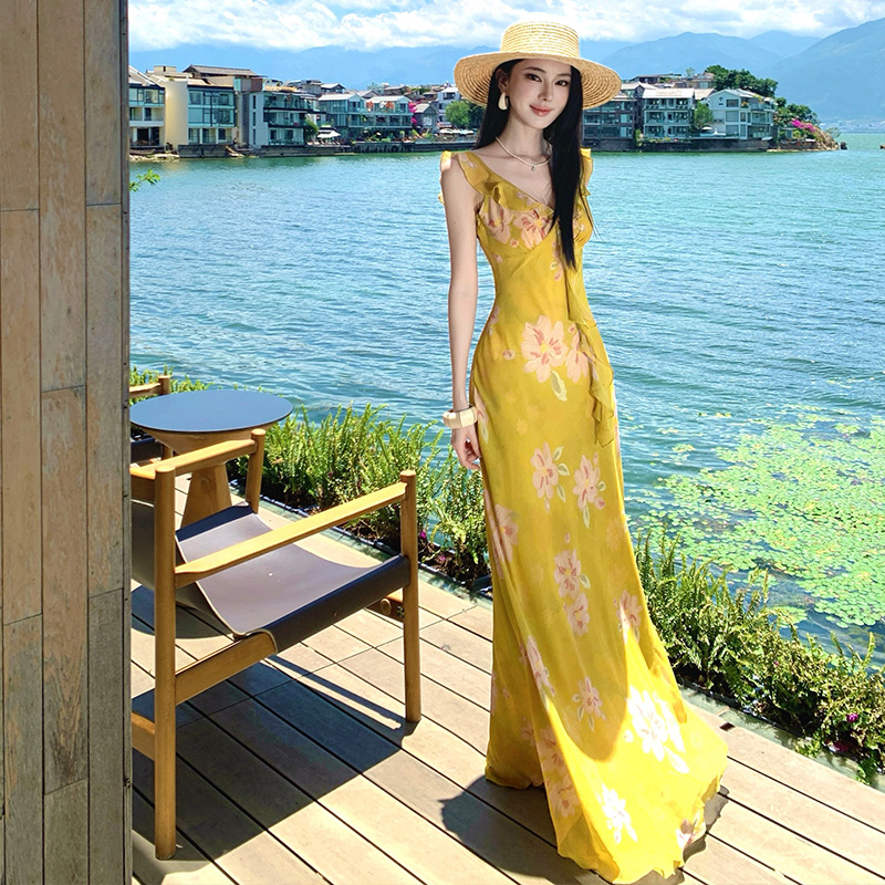沐日鈴蘭 法式荷葉邊吊帶度假連衣裙仙女長裙夏海邊氛圍感