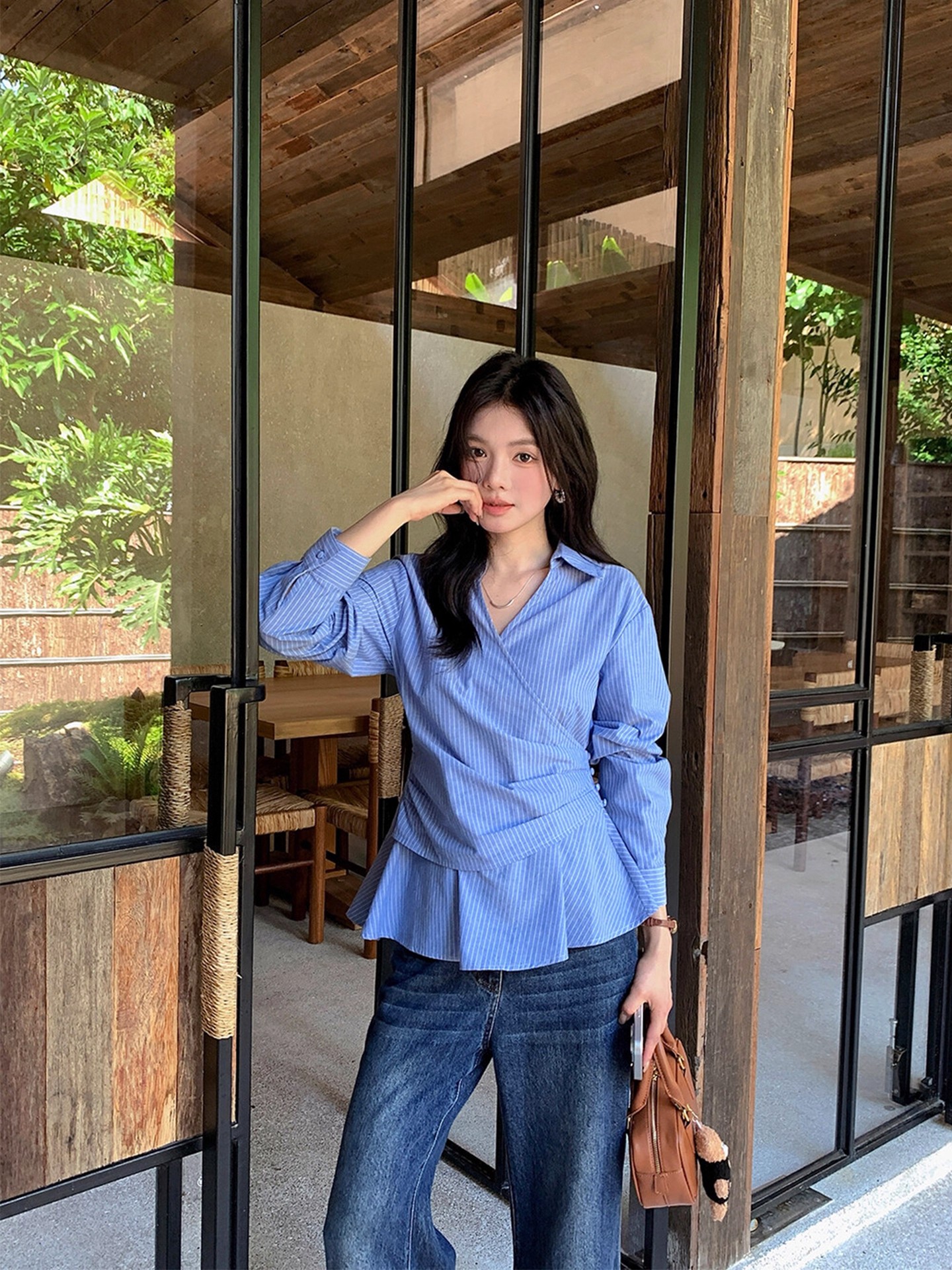 MY70066# 设计感不规则收腰显瘦条纹长袖衬衫女独特别致百搭气质翻领衬衣女裝貨源服裝批發