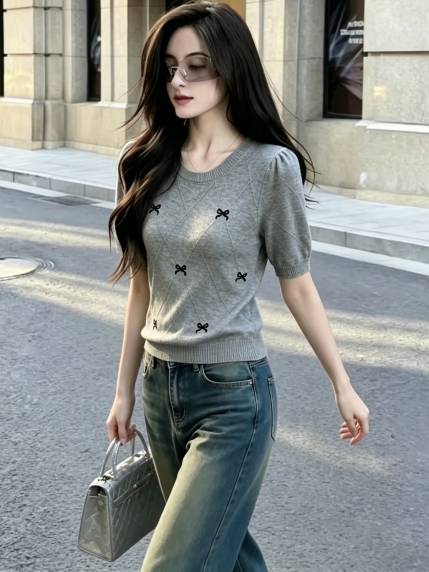 夏季小眾設計感蝴蝶結短袖t恤針織衫女簡約灰色顯瘦百搭減齡上衣