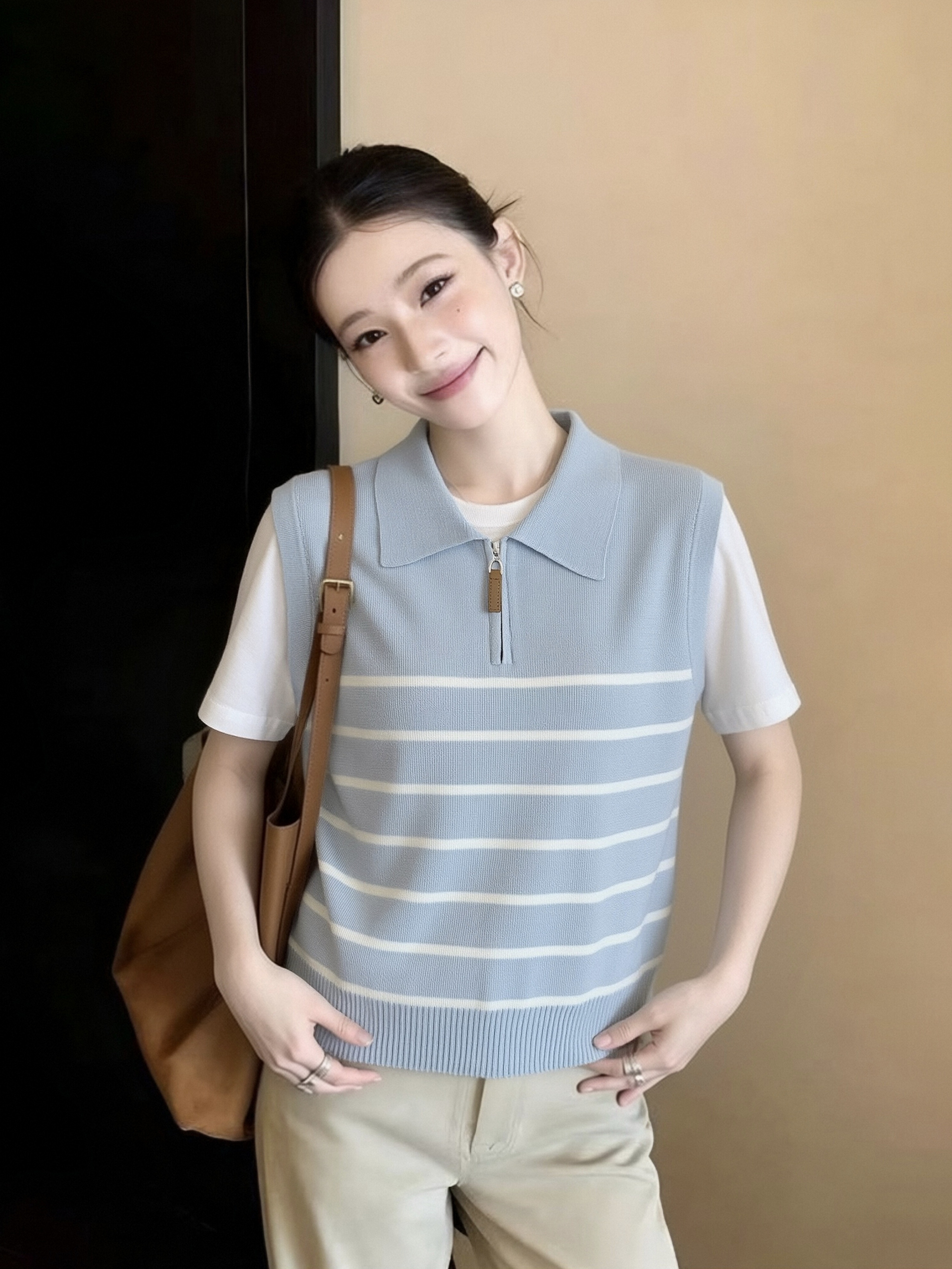 韓系撞色假兩件針織衫女夏季款學院風半拉鏈短袖polo衫設計感上衣