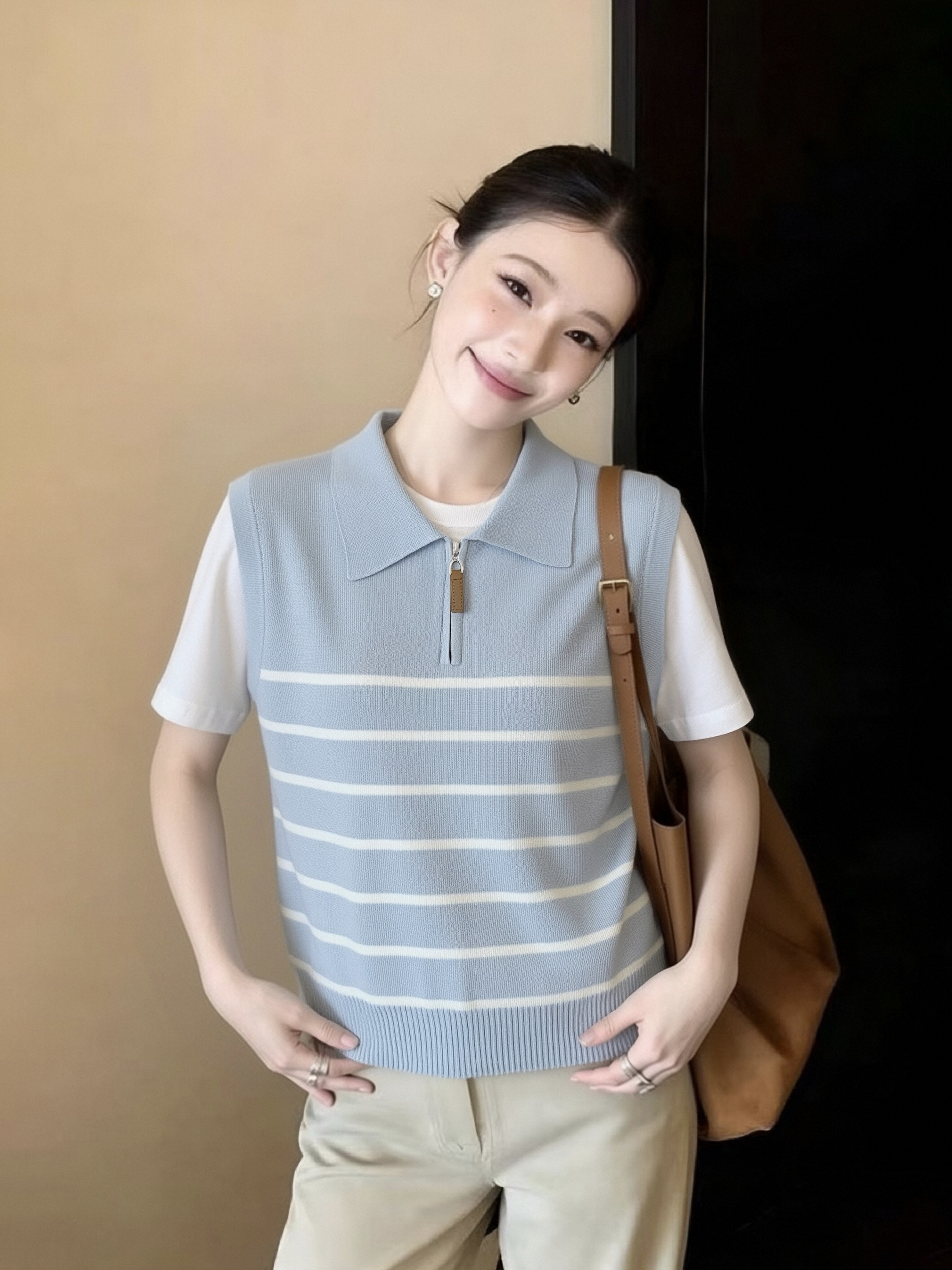 韓系撞色假兩件針織衫女夏季款學院風半拉鏈短袖polo衫設計感上衣