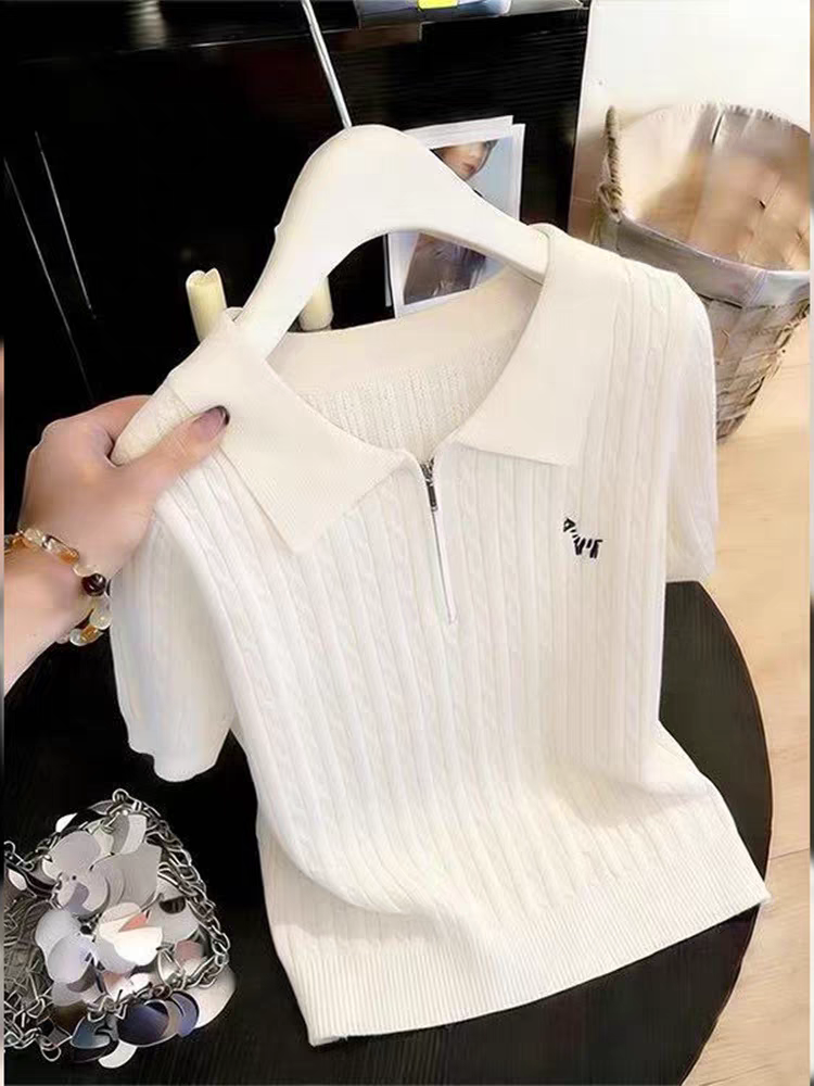 女裝2026夏翻領絞花半開領刺繡小斑馬拉鏈冰絲針織衫短袖