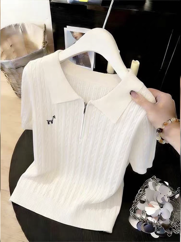 女裝2026夏翻領絞花半開領刺繡小斑馬拉鏈冰絲針織衫短袖