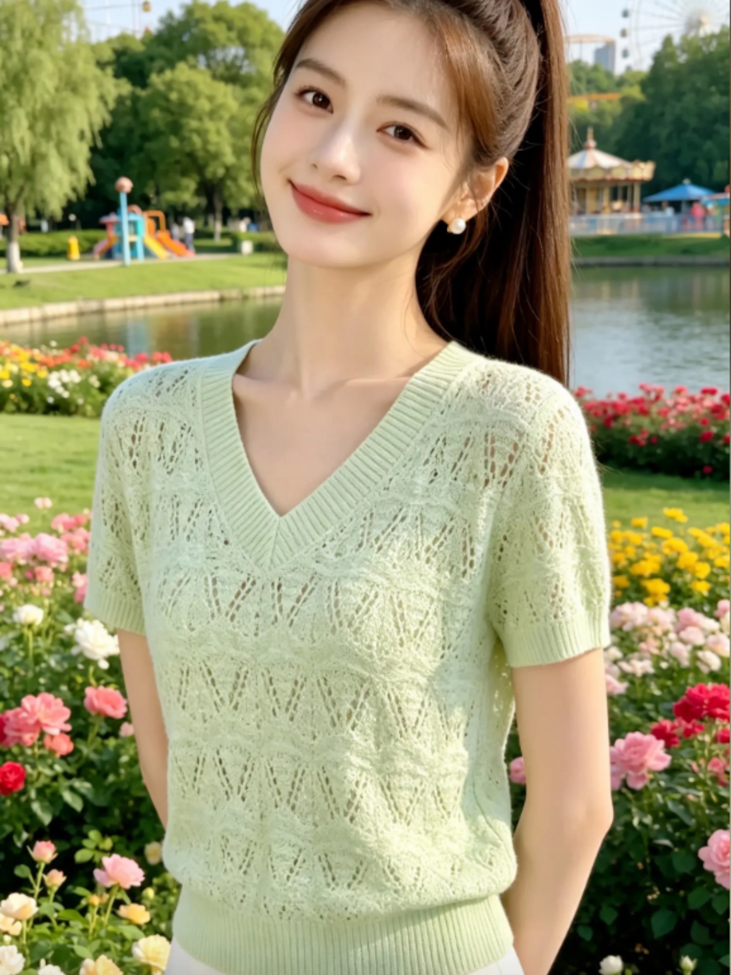 設計感綠色鏤空V領短袖T恤女夏季新款洋氣減齡百搭超好看針織上衣
