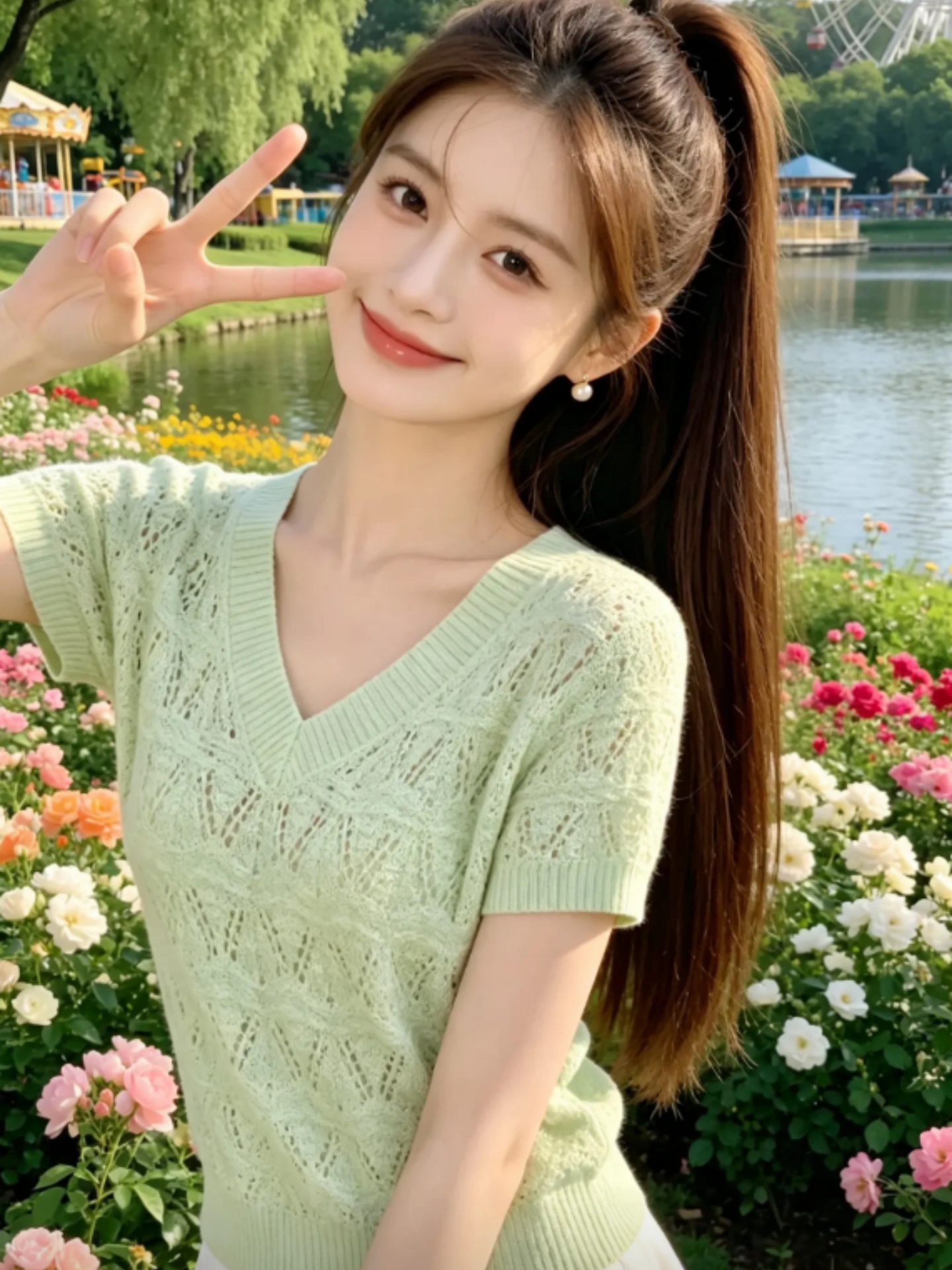 設計感綠色鏤空V領短袖T恤女夏季新款洋氣減齡百搭超好看針織上衣