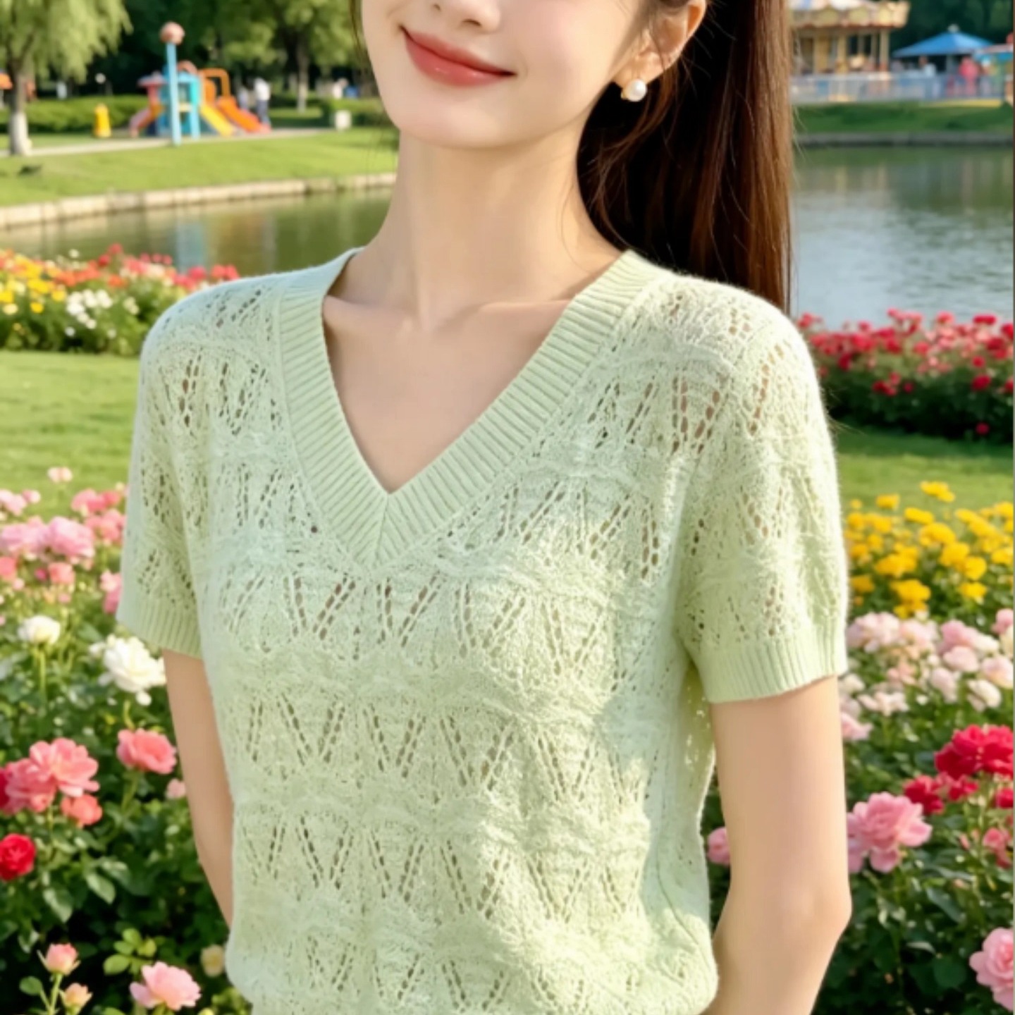 設計感綠色鏤空V領短袖T恤女夏季新款洋氣減齡百搭超好看針織上衣