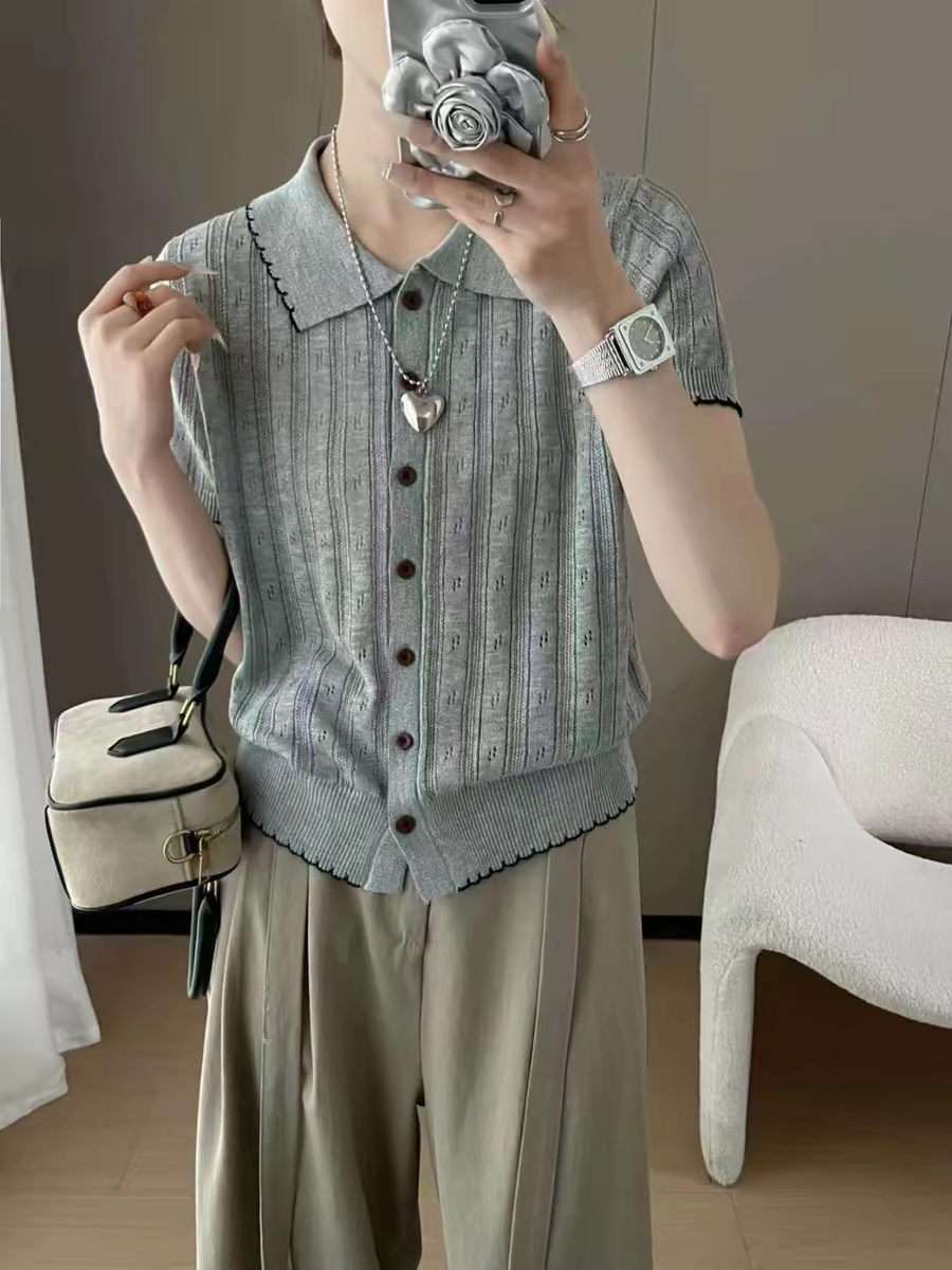 拼色翻領薄款短袖T恤女寬松夏裝新款韓系百搭單排扣針織開衫上衣