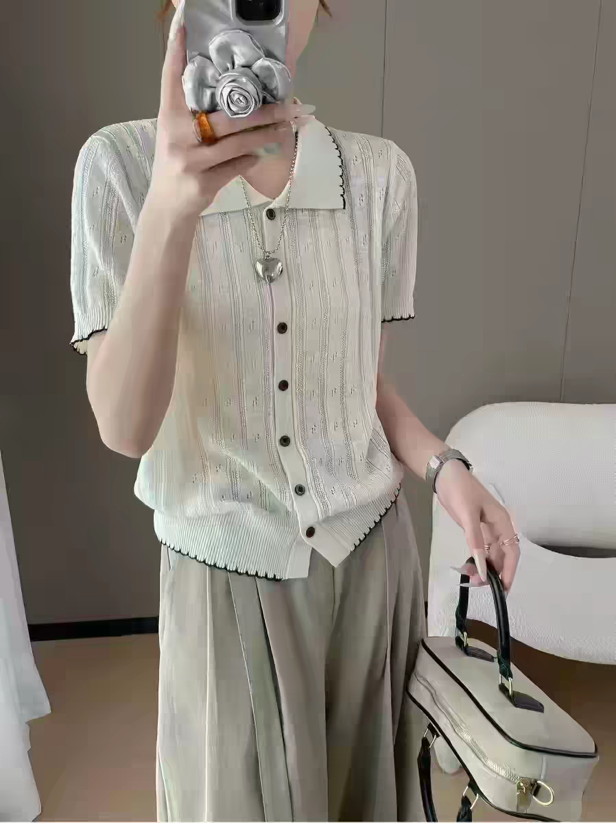 拼色翻領薄款短袖T恤女寬松夏裝新款韓系百搭單排扣針織開衫上衣